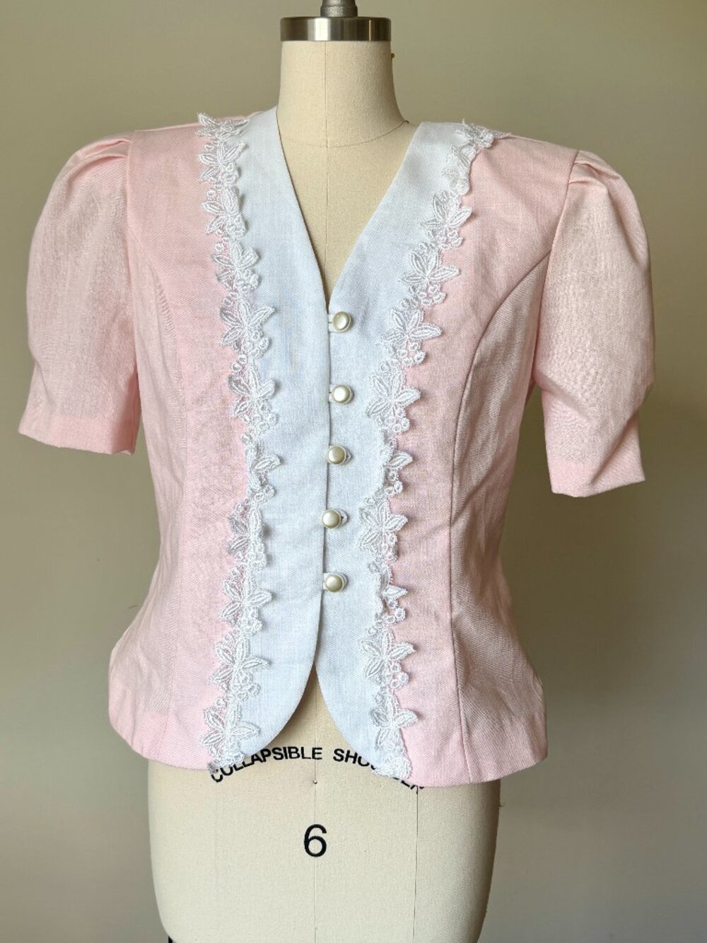 Vintage SL Petites Pink Linen Blouse | White Lace Trim Button Up Top | Size 10